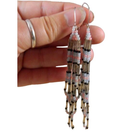 Vintage Beaded Hook Earrings, Pink Black Clear Blue Beaded Fringes Earrings - Picture 3 of 6